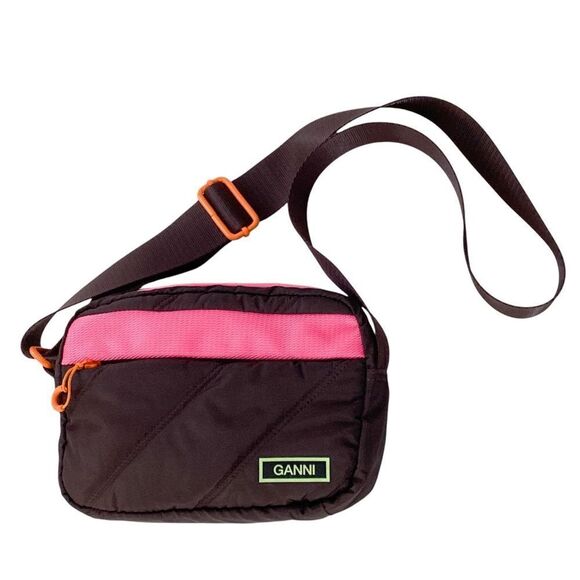 GANNI Quilted Recycled Tech Fabric Festival Bag Mole Dark Brown Pink Orange - Picture 1 of 12